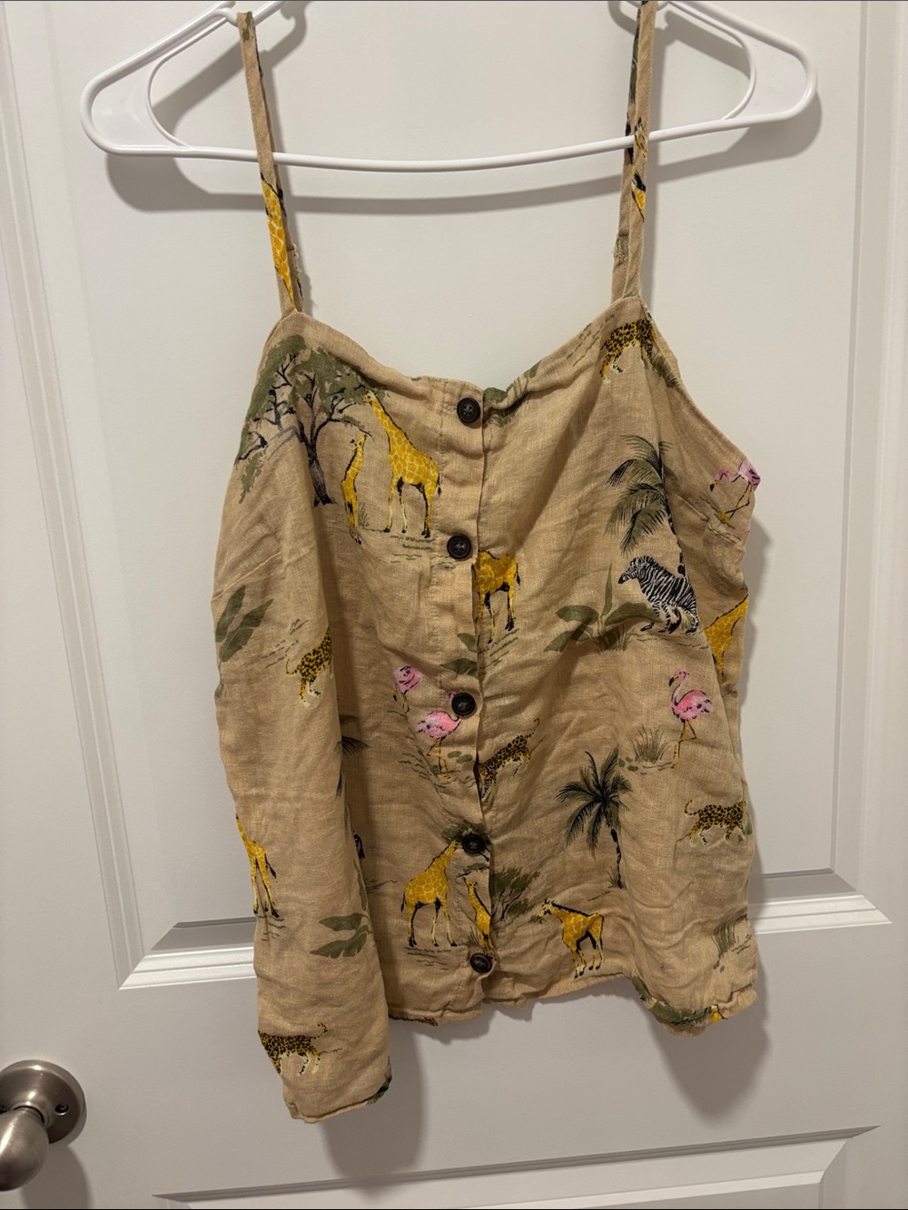 Safari Animal Print Button-Front Linen Cami in Natural and Yellow